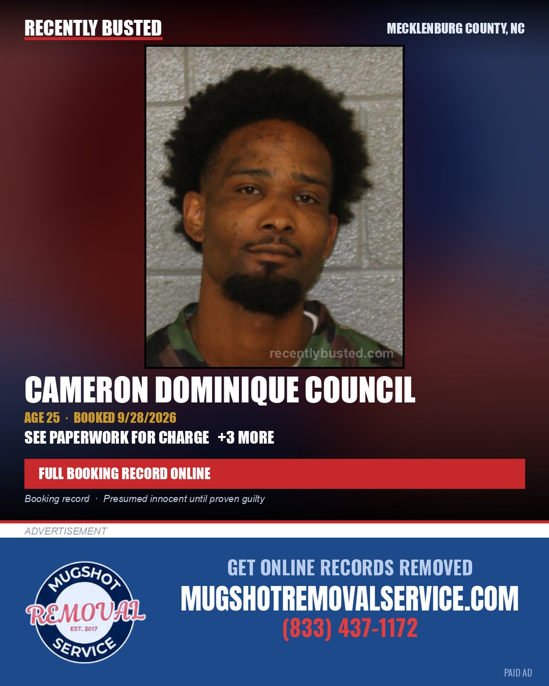 CAMERON DOMINIQUE COUNCIL — arrest record card, Mecklenburg County, North Carolina