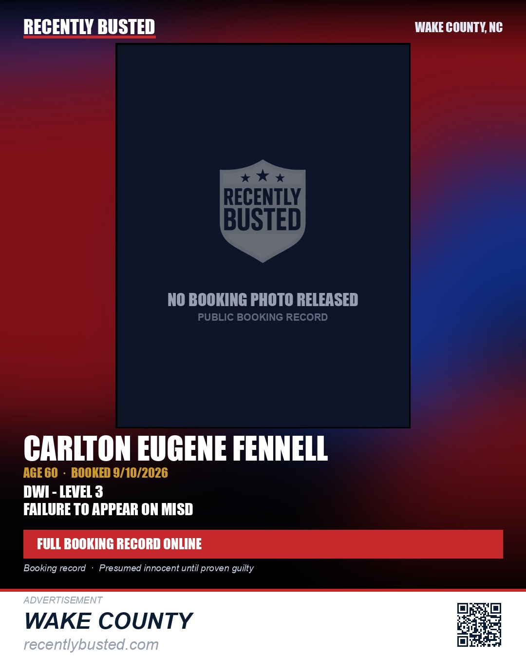 CARLTON EUGENE FENNELL — arrest record card, Wake County, North Carolina