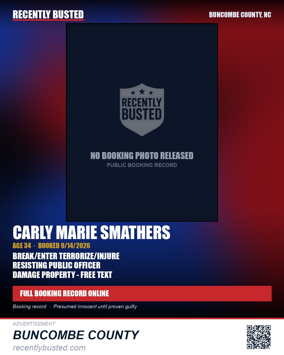 CARLY MARIE SMATHERS — arrest record card, Buncombe County, North Carolina