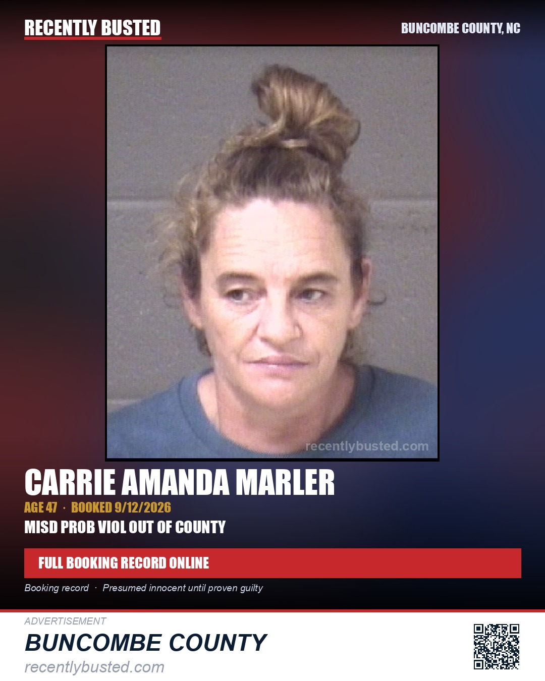CARRIE AMANDA MARLER — arrest record card, Buncombe County, North Carolina