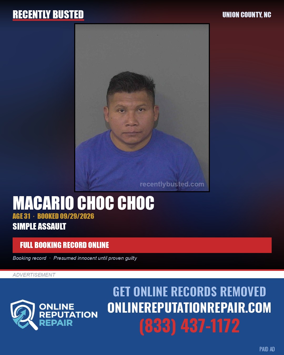 CHOC CHOC, MACARIO — arrest record card, Union County, North Carolina