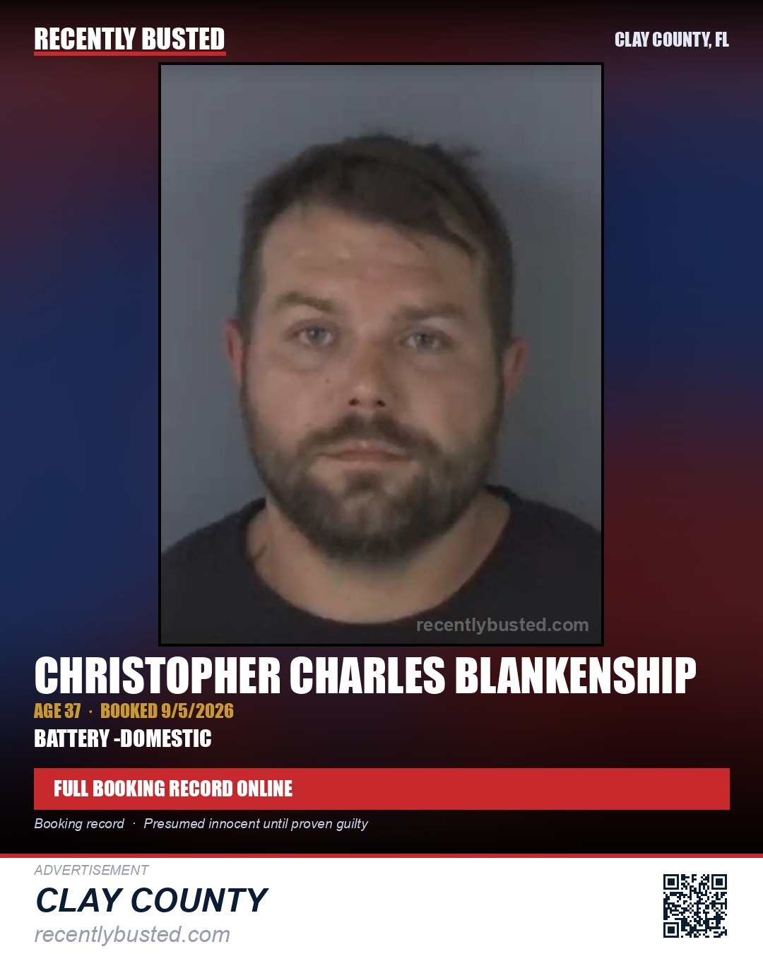 CHRISTOPHER CHARLES BLANKENSHIP — arrest record card, Clay County, Florida