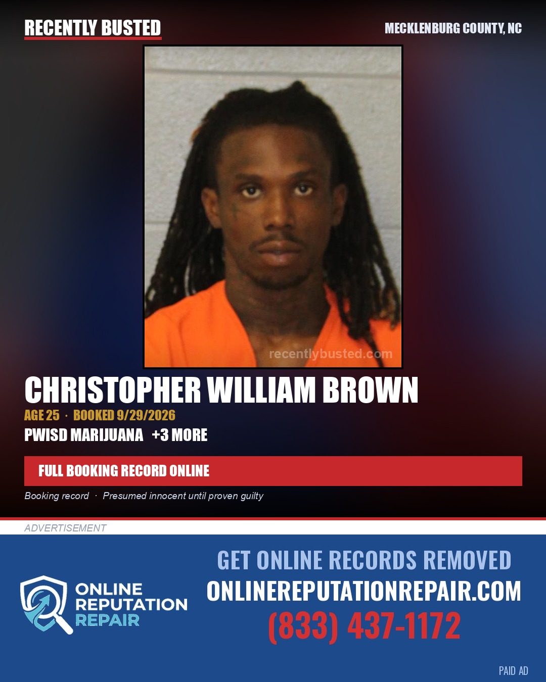 CHRISTOPHER WILLIAM BROWN — arrest record card, Mecklenburg County, North Carolina
