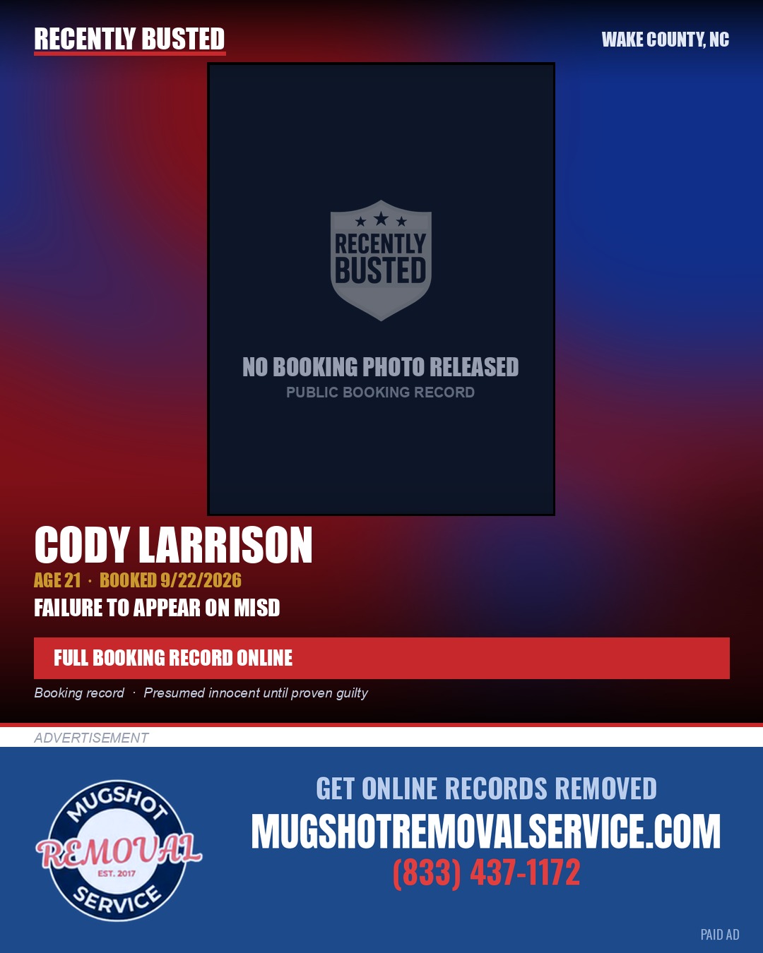 CODY LARRISON — arrest record card, Wake County, North Carolina