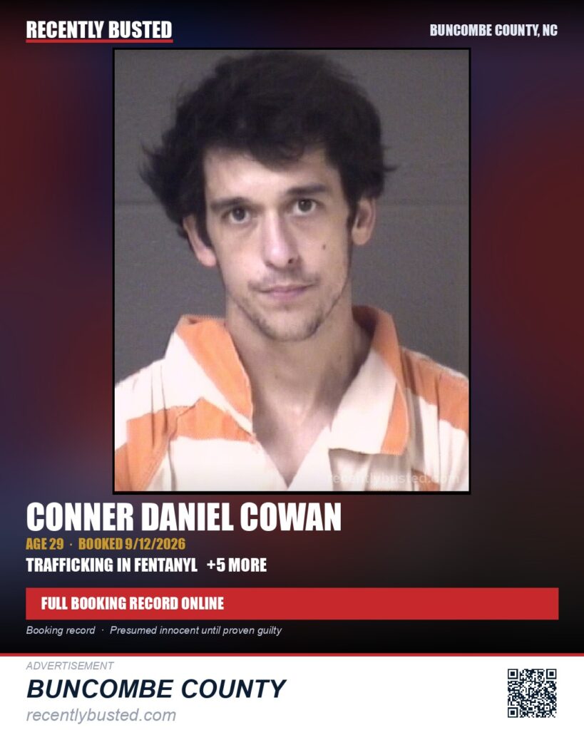 CONNER DANIEL COWAN — arrest record card, Buncombe County, North Carolina