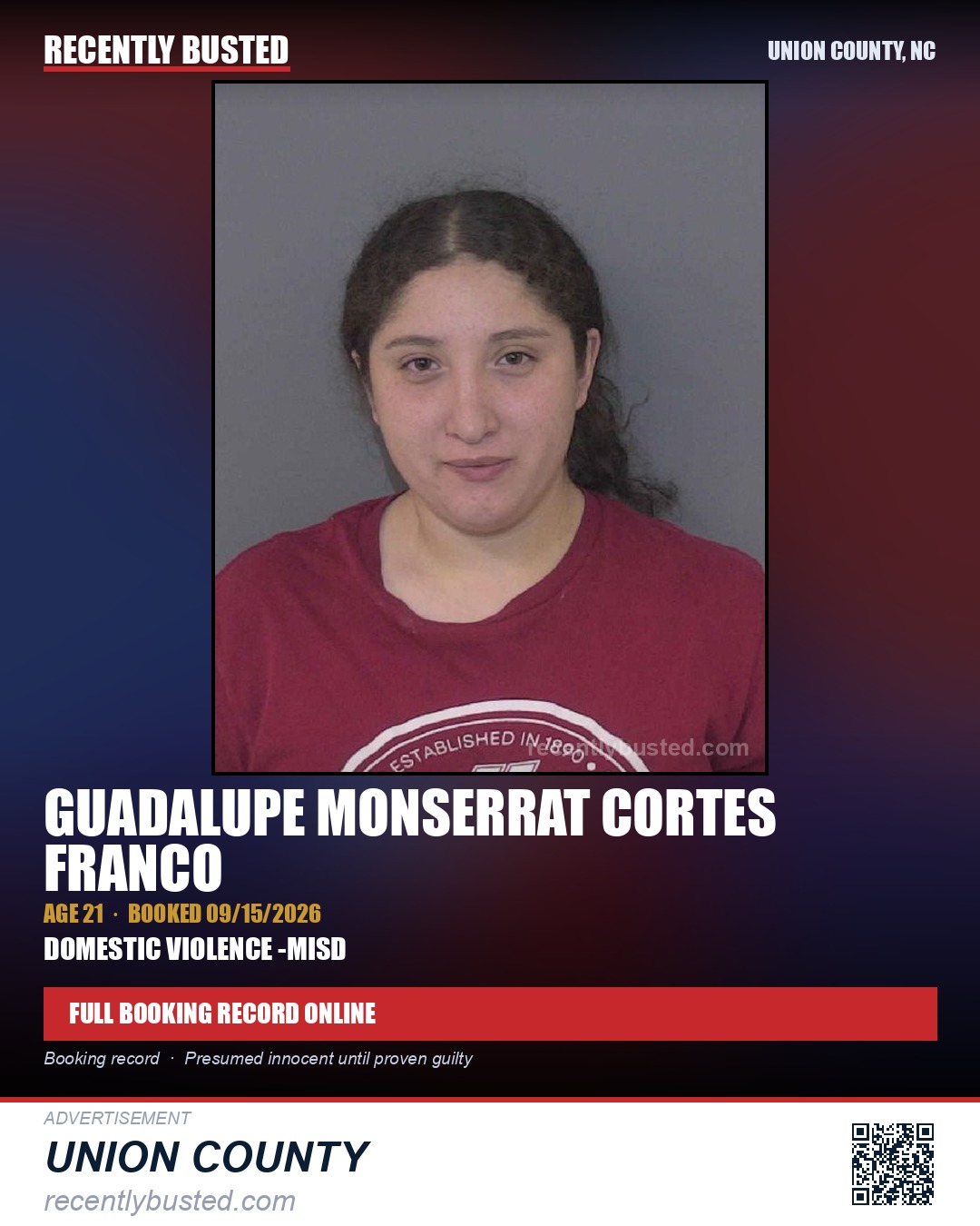 CORTES FRANCO, GUADALUPE MONSERRAT — arrest record card, Union County, North Carolina