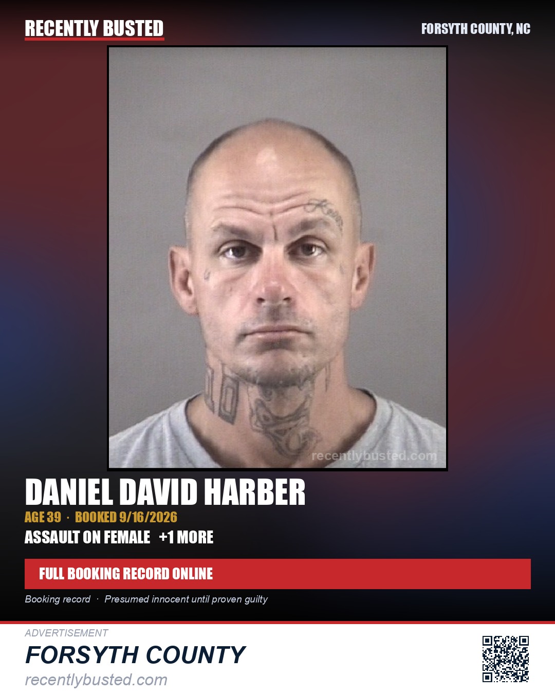 DANIEL DAVID HARBER — arrest record card, Forsyth County, North Carolina