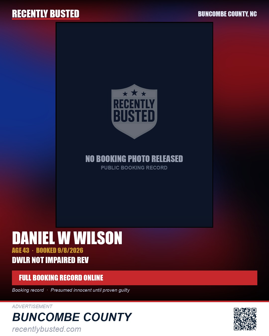 DANIEL W WILSON — arrest record card, Buncombe County, North Carolina
