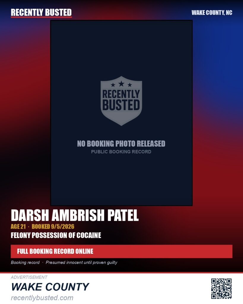 DARSH AMBRISH PATEL — arrest record card, Wake County, North Carolina