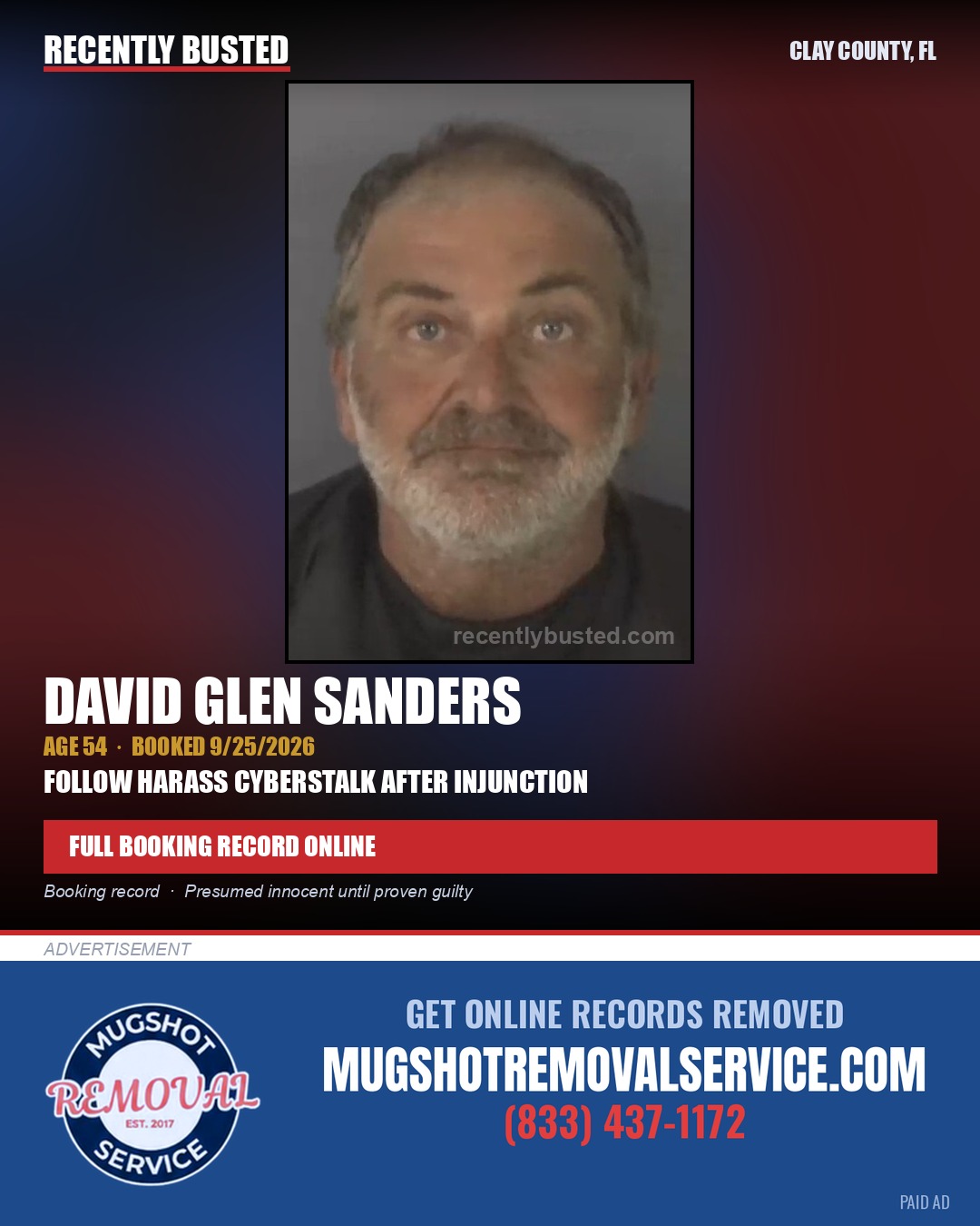 DAVID GLEN SANDERS — arrest record card, Clay County, Florida
