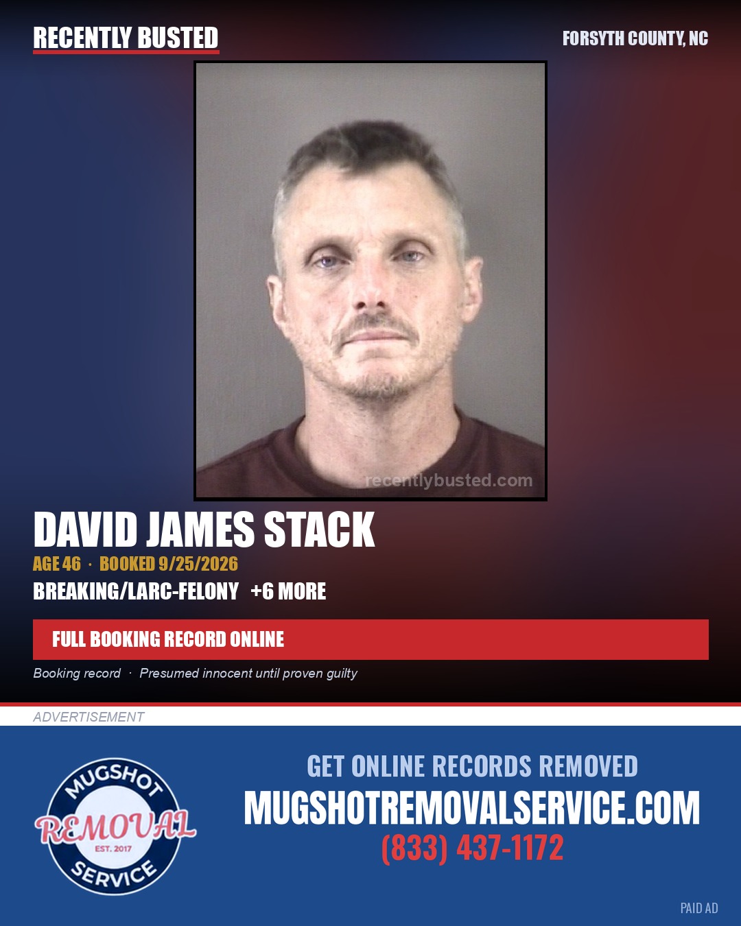 DAVID JAMES STACK — arrest record card, Forsyth County, North Carolina