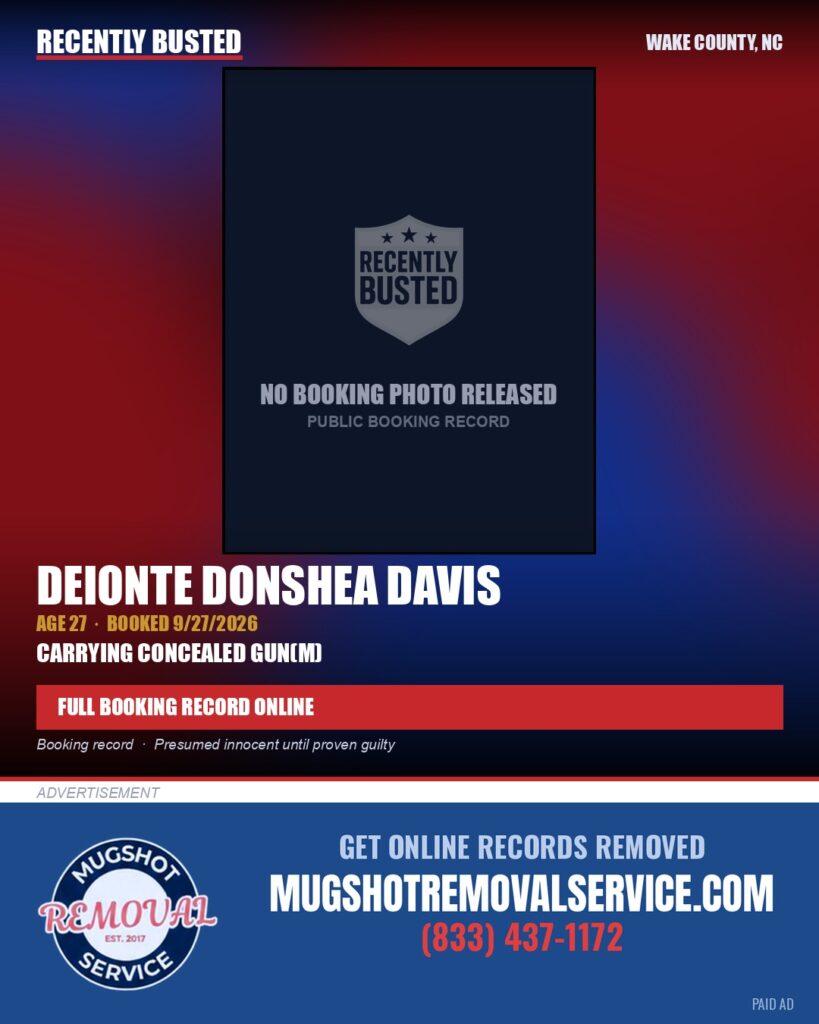 DEIONTE DONSHEA DAVIS — arrest record card, Wake County, North Carolina