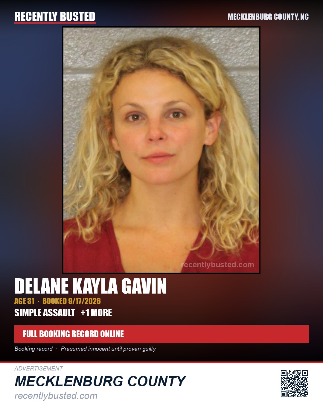 DELANE KAYLA GAVIN — arrest record card, Mecklenburg County, North Carolina
