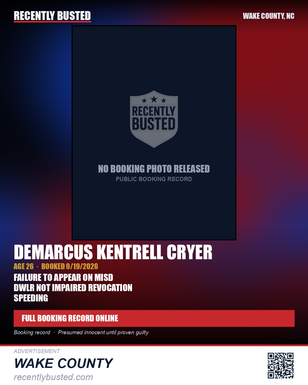 DEMARCUS KENTRELL CRYER — arrest record card, Wake County, North Carolina