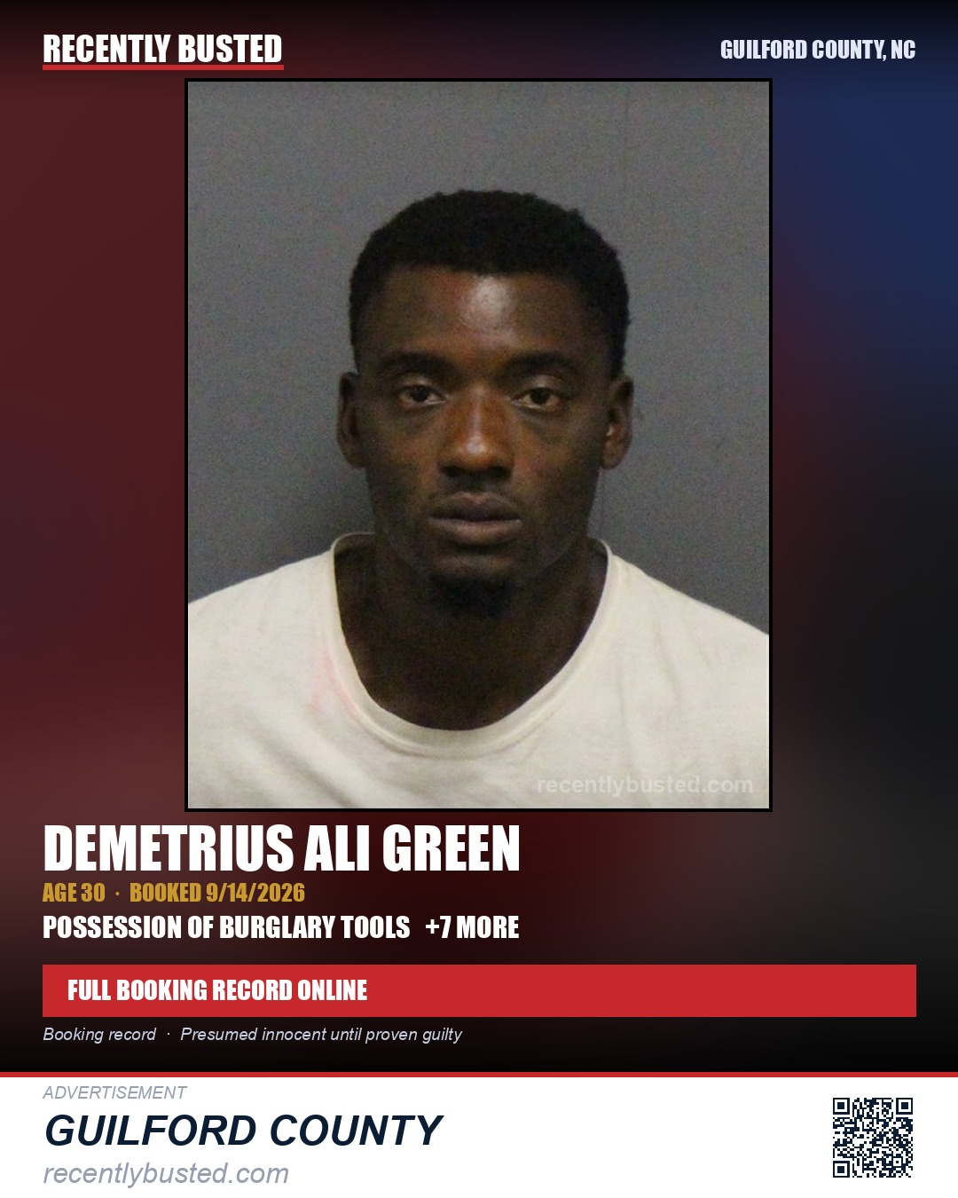 DEMETRIUS ALI GREEN — arrest record card, Guilford County, North Carolina