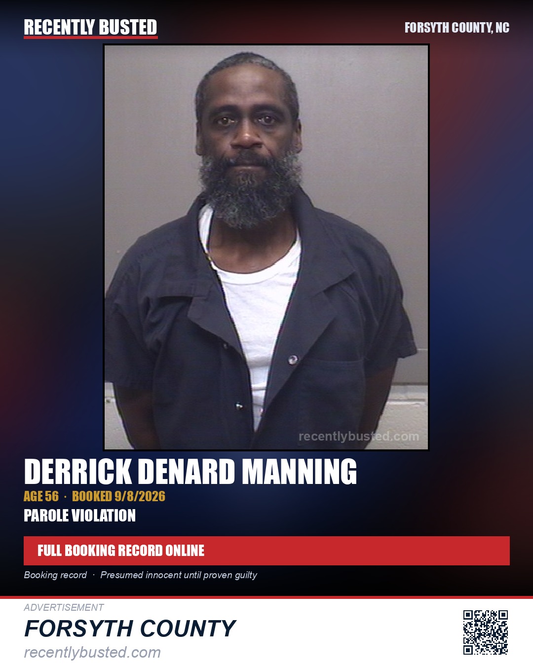DERRICK DENARD MANNING — arrest record card, Forsyth County, North Carolina