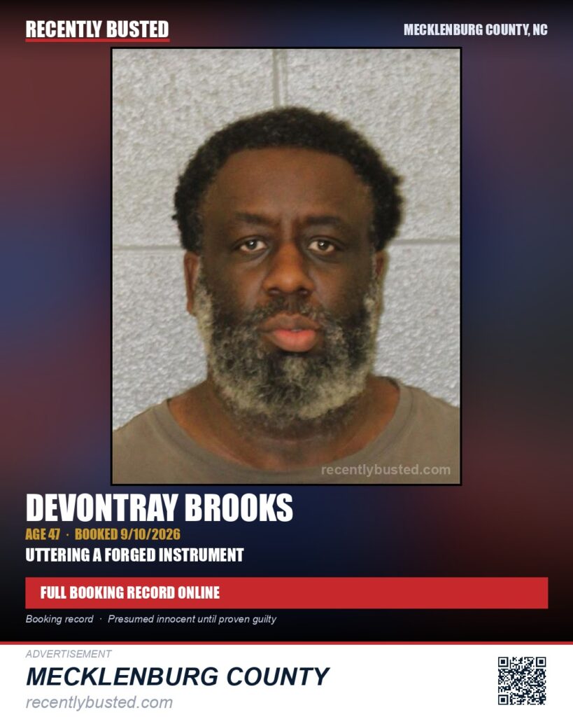 DEVONTRAY BROOKS — arrest record card, Mecklenburg County, North Carolina