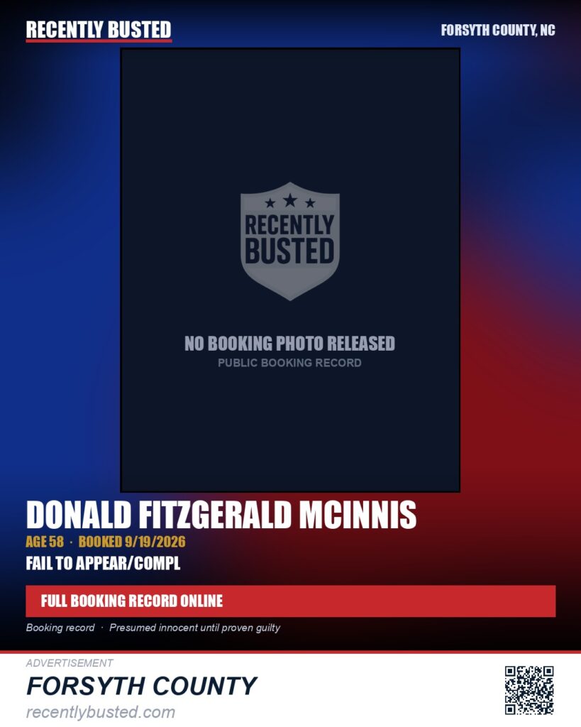 DONALD FITZGERALD MCINNIS — arrest record card, Forsyth County, North Carolina
