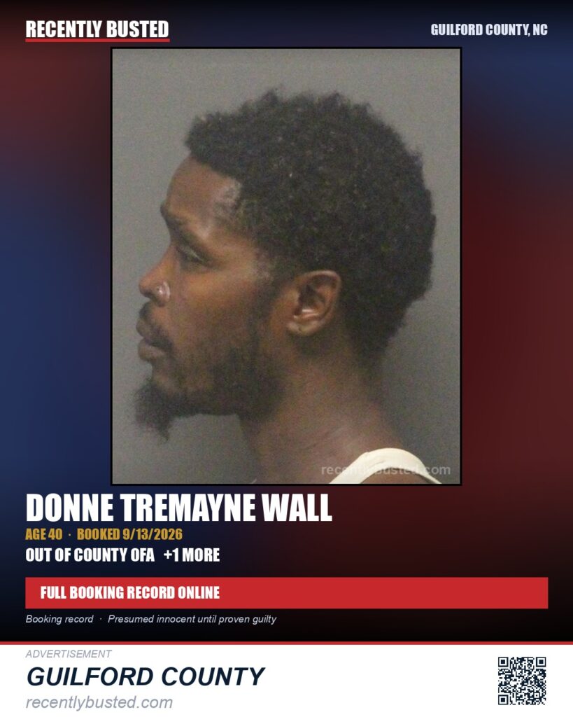 DONNE TREMAYNE WALL — arrest record card, Guilford County, North Carolina
