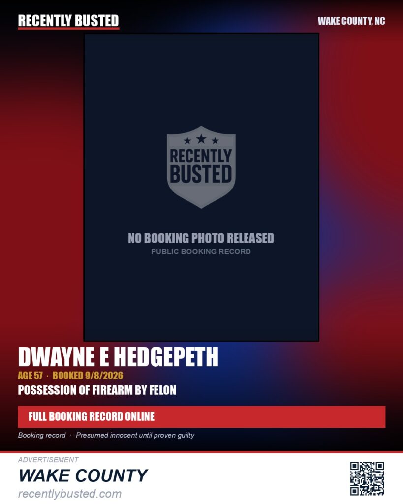 DWAYNE E HEDGEPETH — arrest record card, Wake County, North Carolina