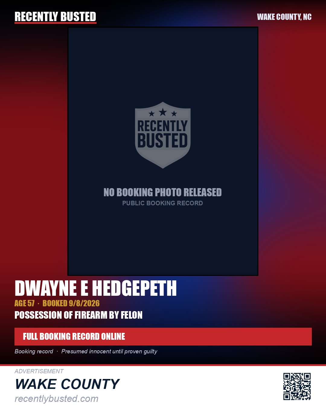 DWAYNE E HEDGEPETH — arrest record card, Wake County, North Carolina