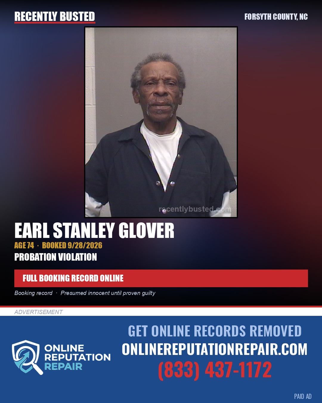 EARL STANLEY GLOVER — arrest record card, Forsyth County, North Carolina