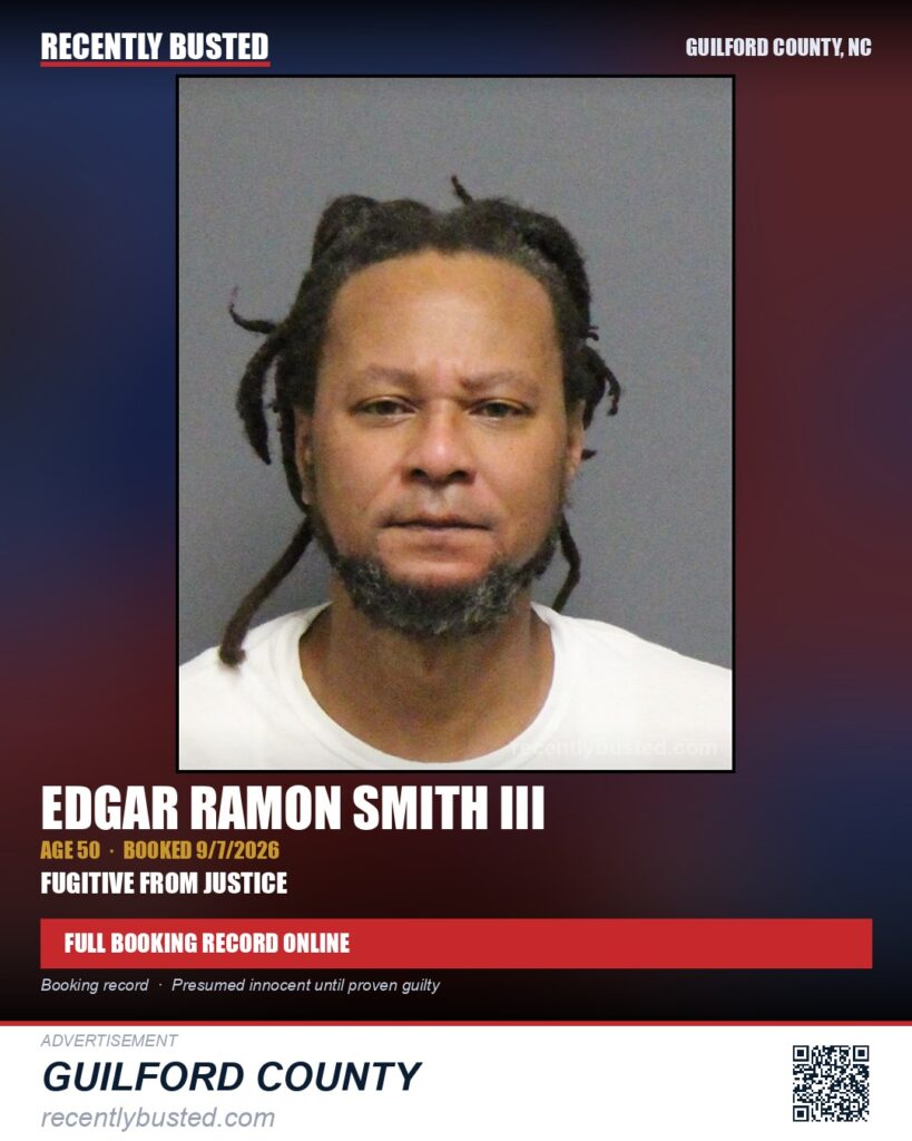 EDGAR RAMON SMITH III — arrest record card, Guilford County, North Carolina