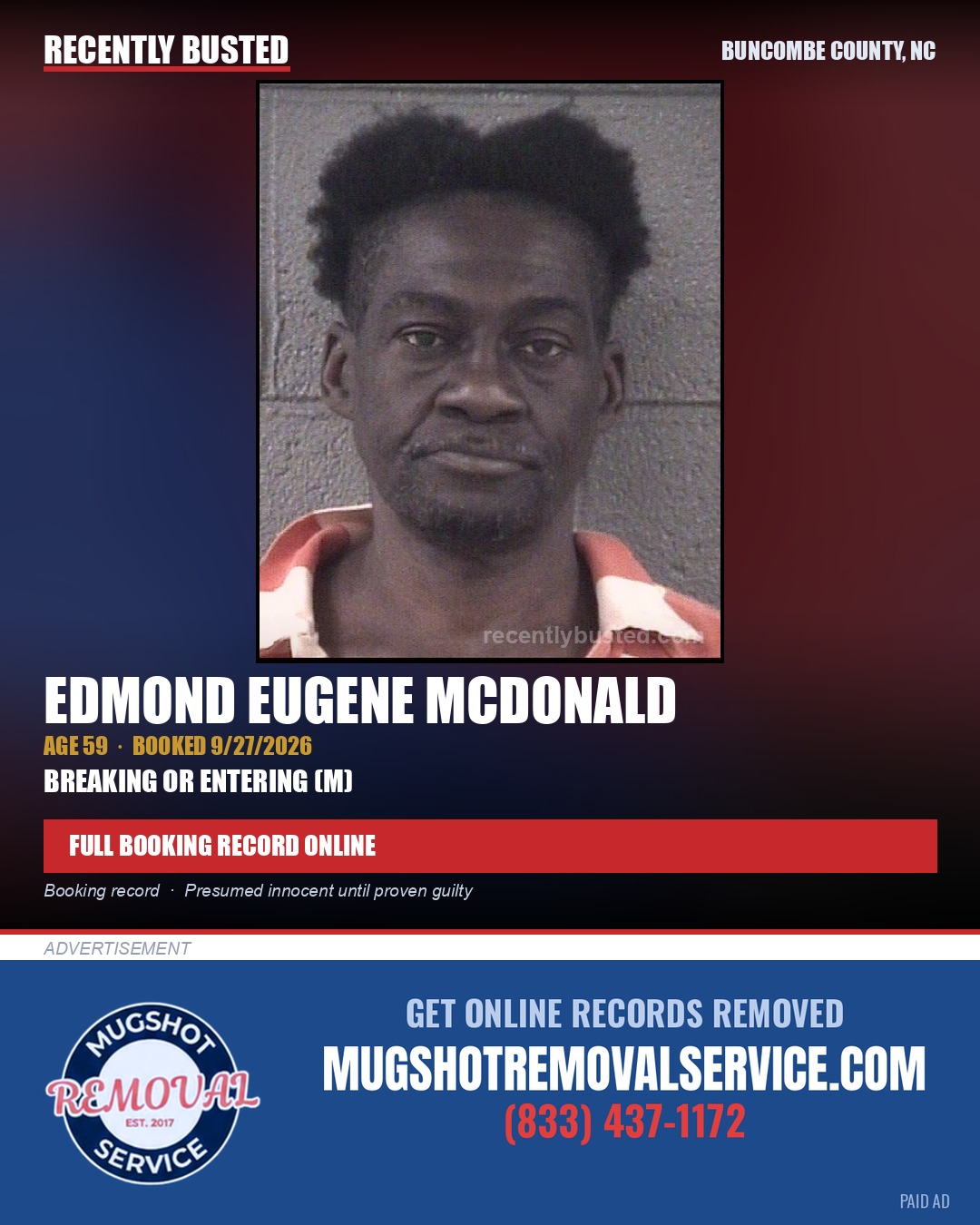 EDMOND EUGENE MCDONALD — arrest record card, Buncombe County, North Carolina