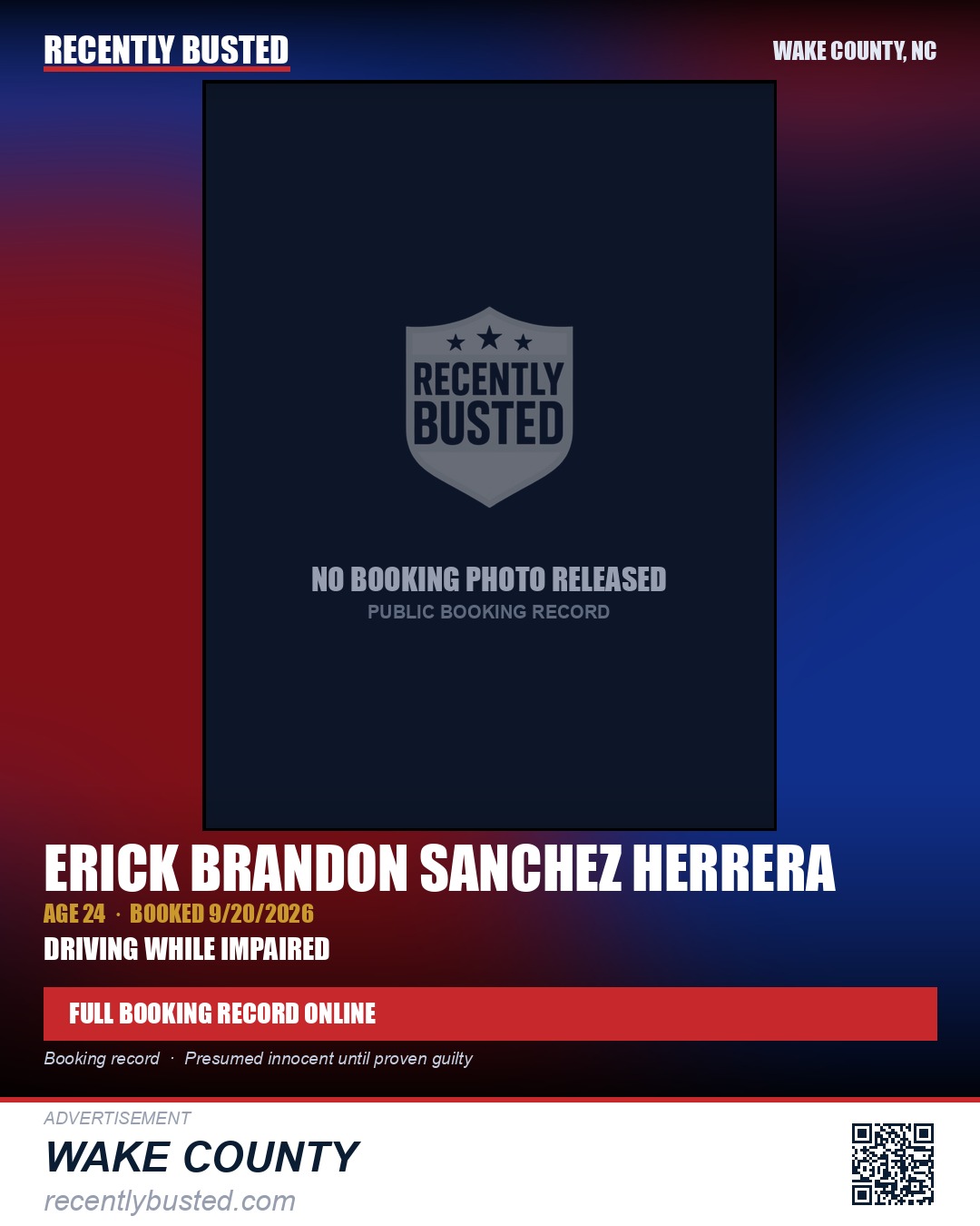 ERICK BRANDON SANCHEZ HERRERA — arrest record card, Wake County, North Carolina