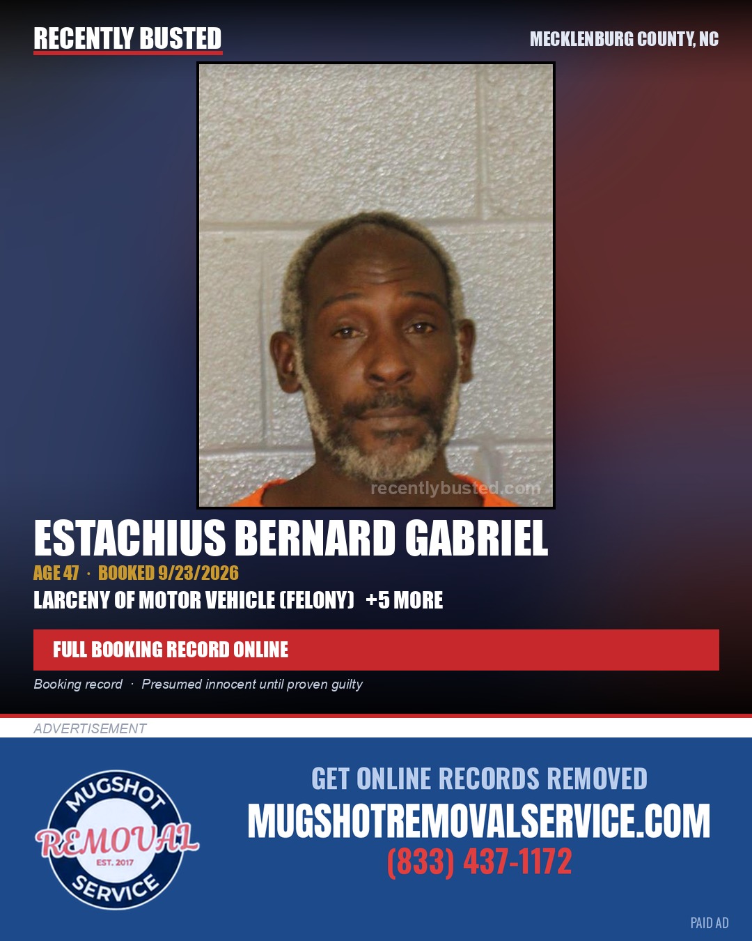 ESTACHIUS BERNARD GABRIEL — arrest record card, Mecklenburg County, North Carolina