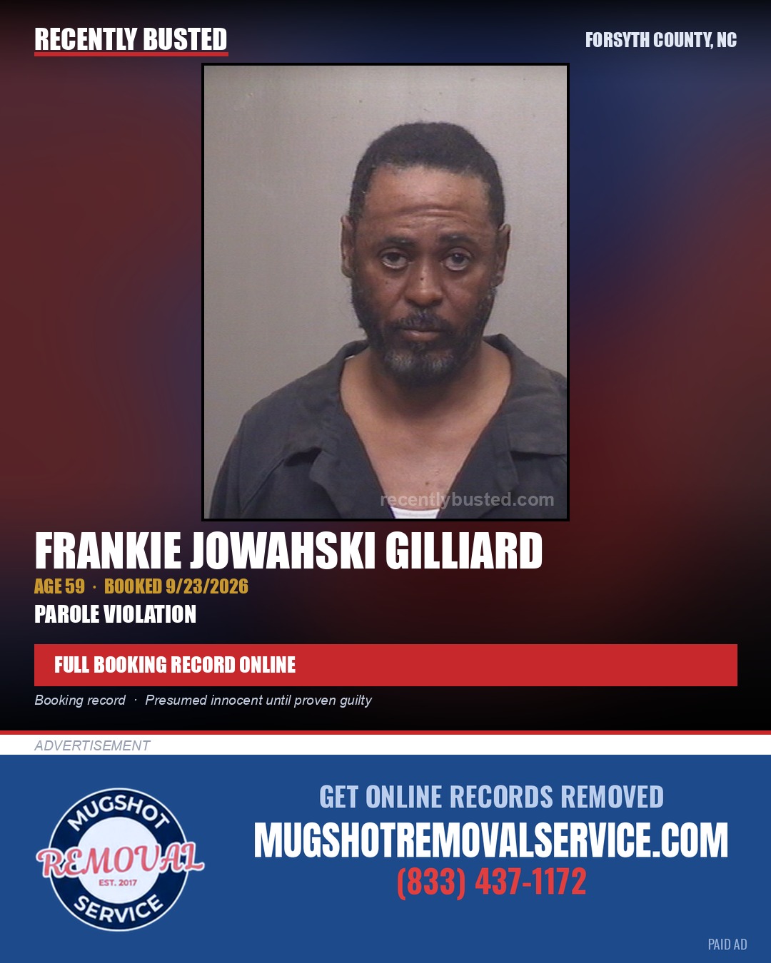 FRANKIE JOWAHSKI GILLIARD — arrest record card, Forsyth County, North Carolina