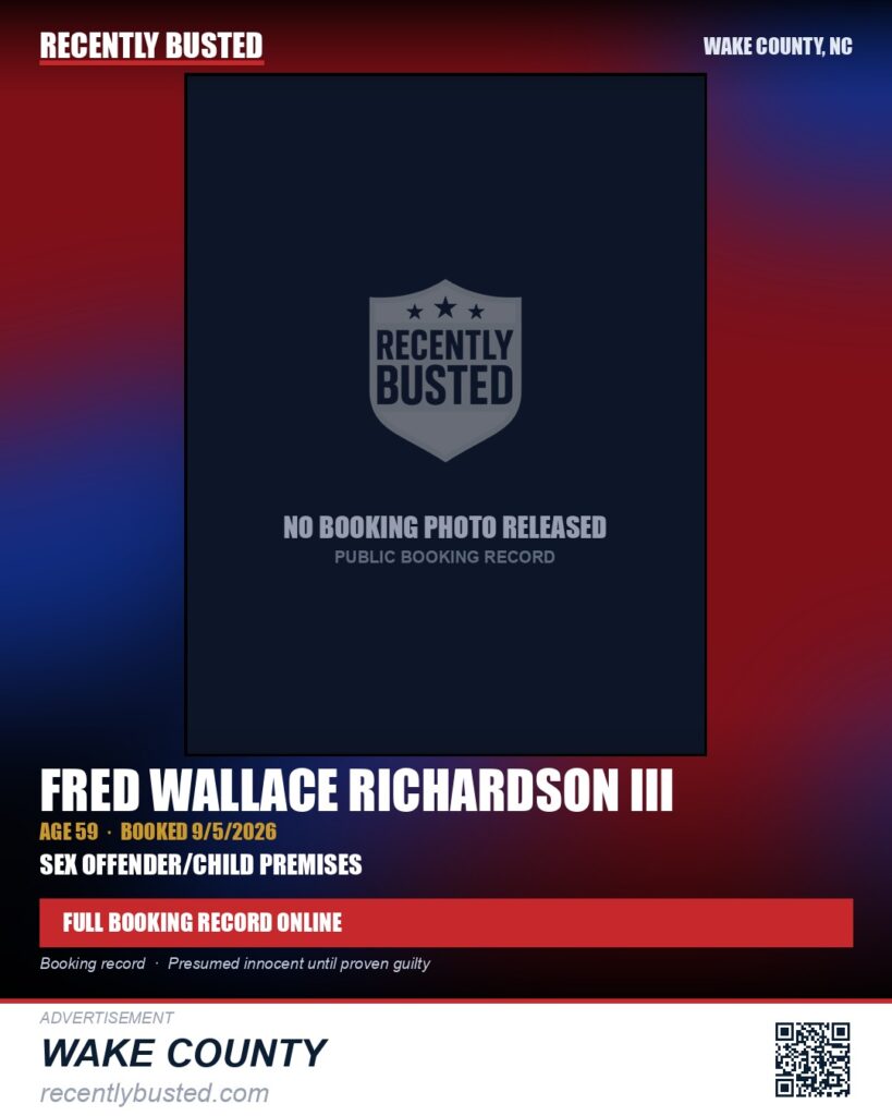 FRED WALLACE RICHARDSON III — arrest record card, Wake County, North Carolina