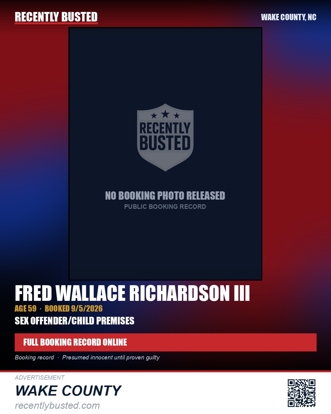 FRED WALLACE RICHARDSON III — arrest record card, Wake County, North Carolina