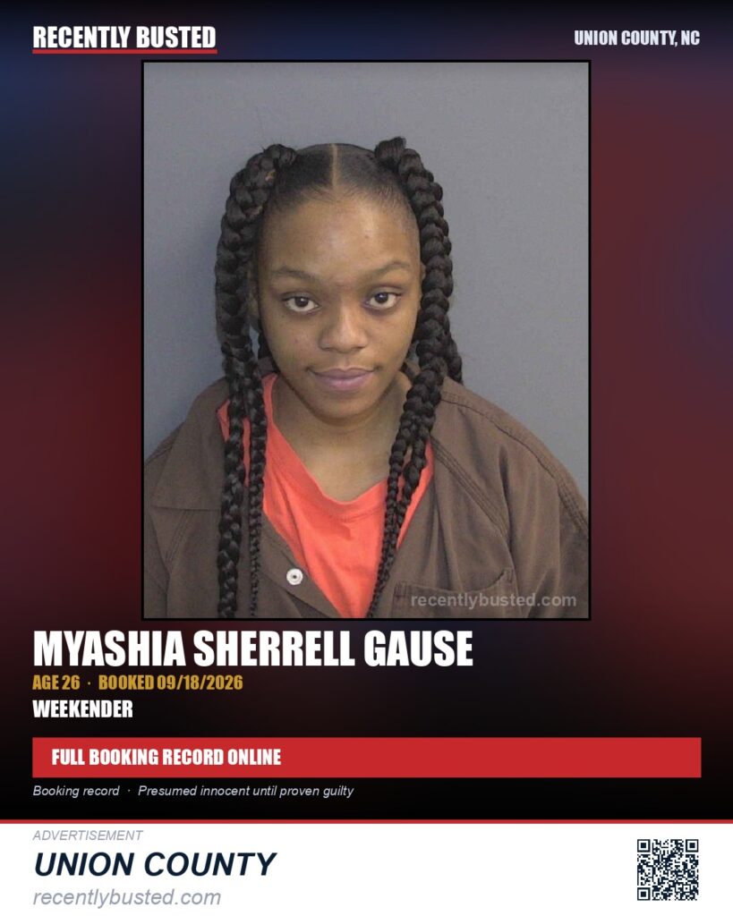 GAUSE, MYASHIA SHERRELL — arrest record card, Union County, North Carolina