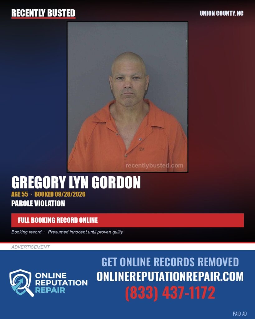GORDON, GREGORY LYN — arrest record card, Union County, North Carolina