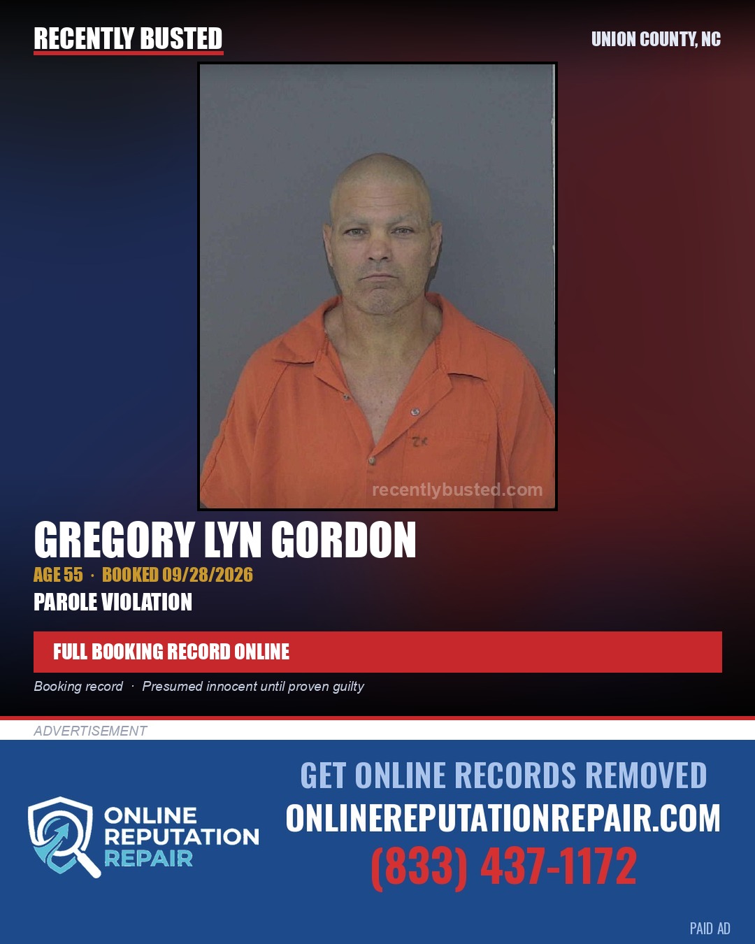 GORDON, GREGORY LYN — arrest record card, Union County, North Carolina