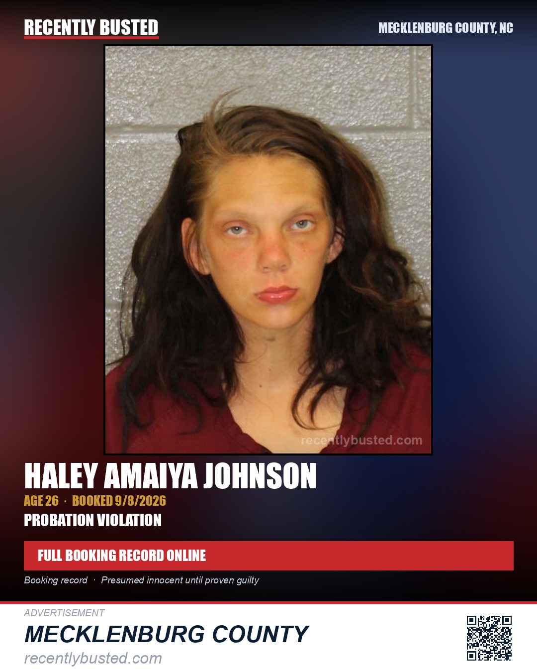 HALEY AMAIYA JOHNSON — arrest record card, Mecklenburg County, North Carolina