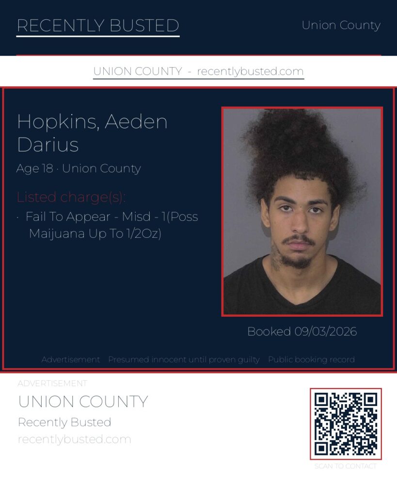 HOPKINS, AEDEN DARIUS — arrest record card, Union County, North Carolina