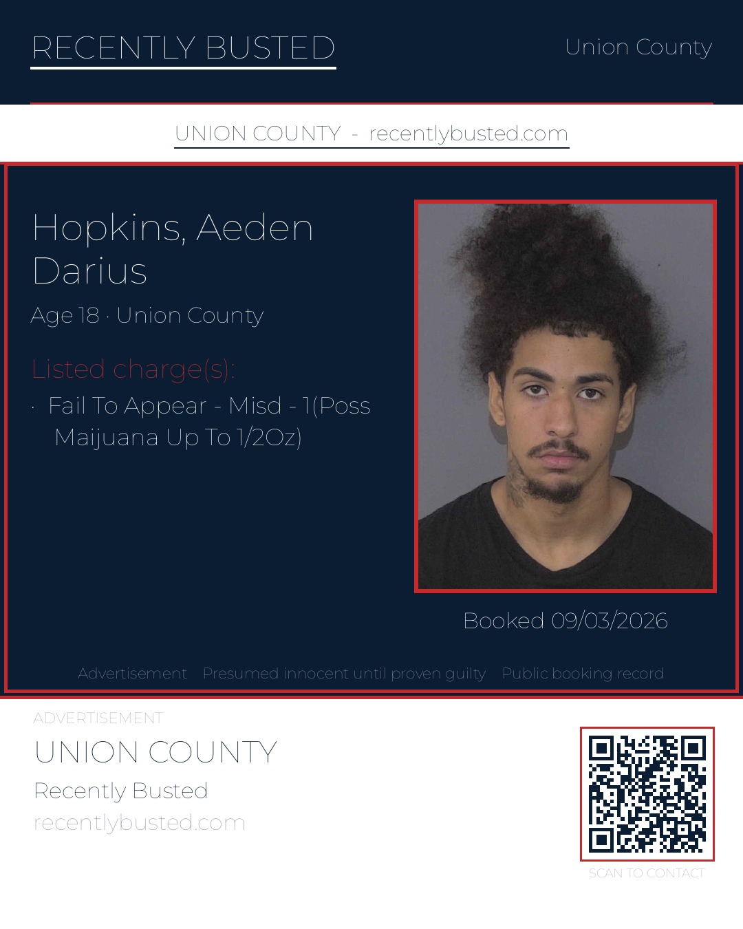 HOPKINS, AEDEN DARIUS — arrest record card, Union County, North Carolina