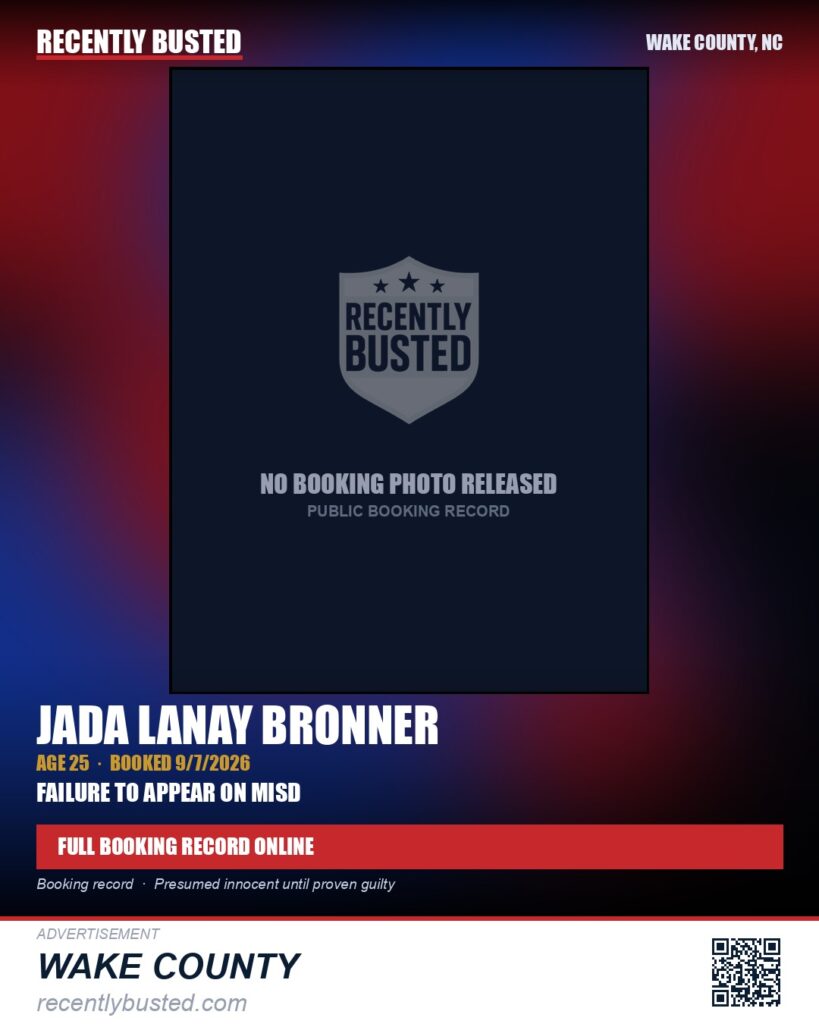 JADA LANAY BRONNER — arrest record card, Wake County, North Carolina