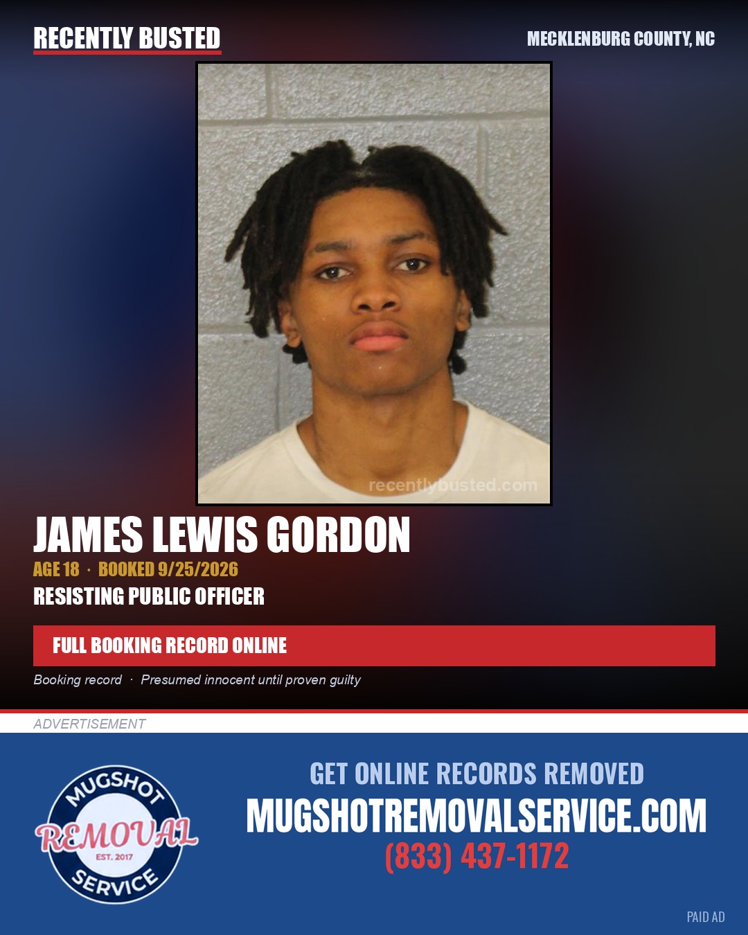 JAMES LEWIS GORDON — arrest record card, Mecklenburg County, North Carolina