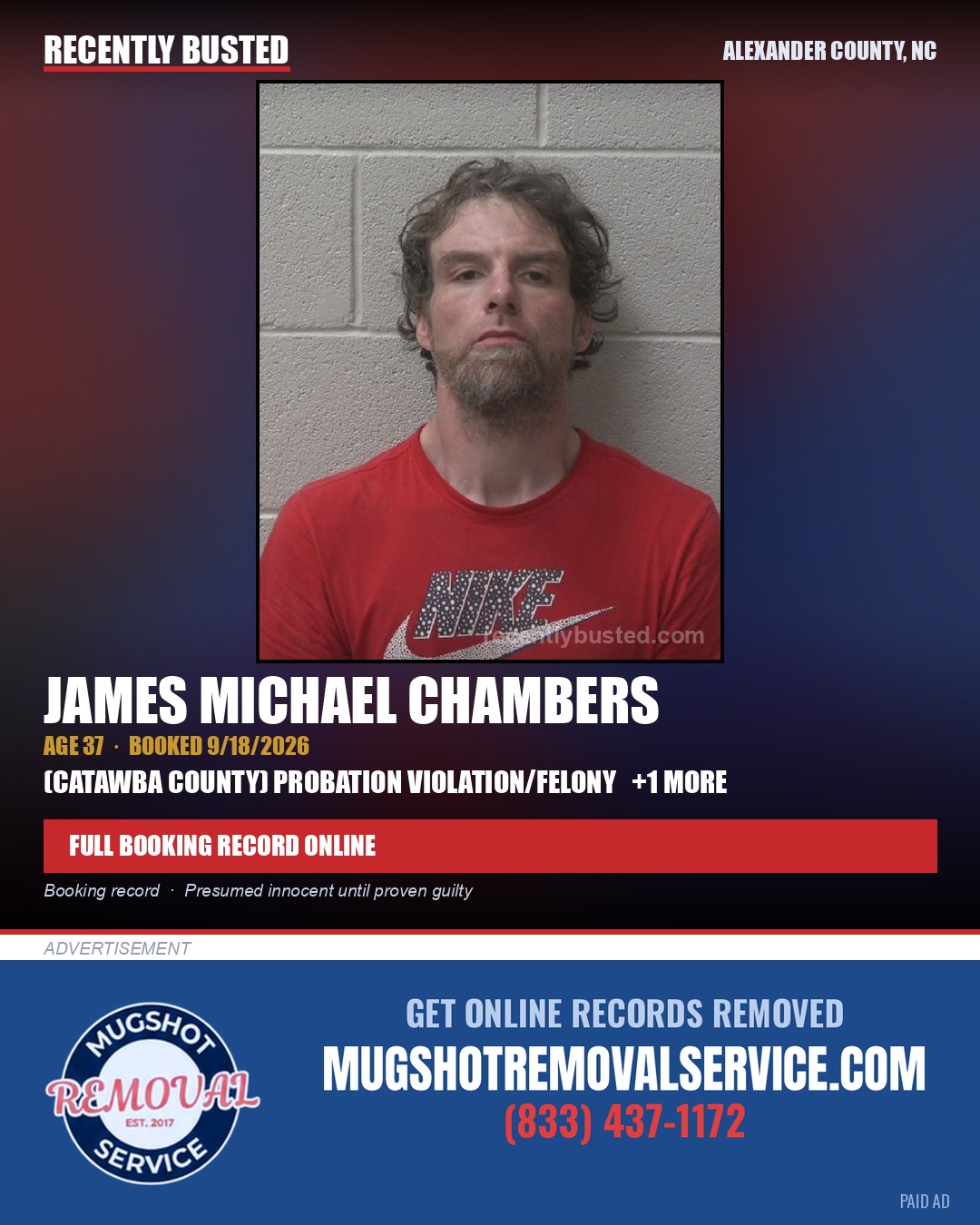 JAMES MICHAEL CHAMBERS — arrest record card, Alexander County, North Carolina