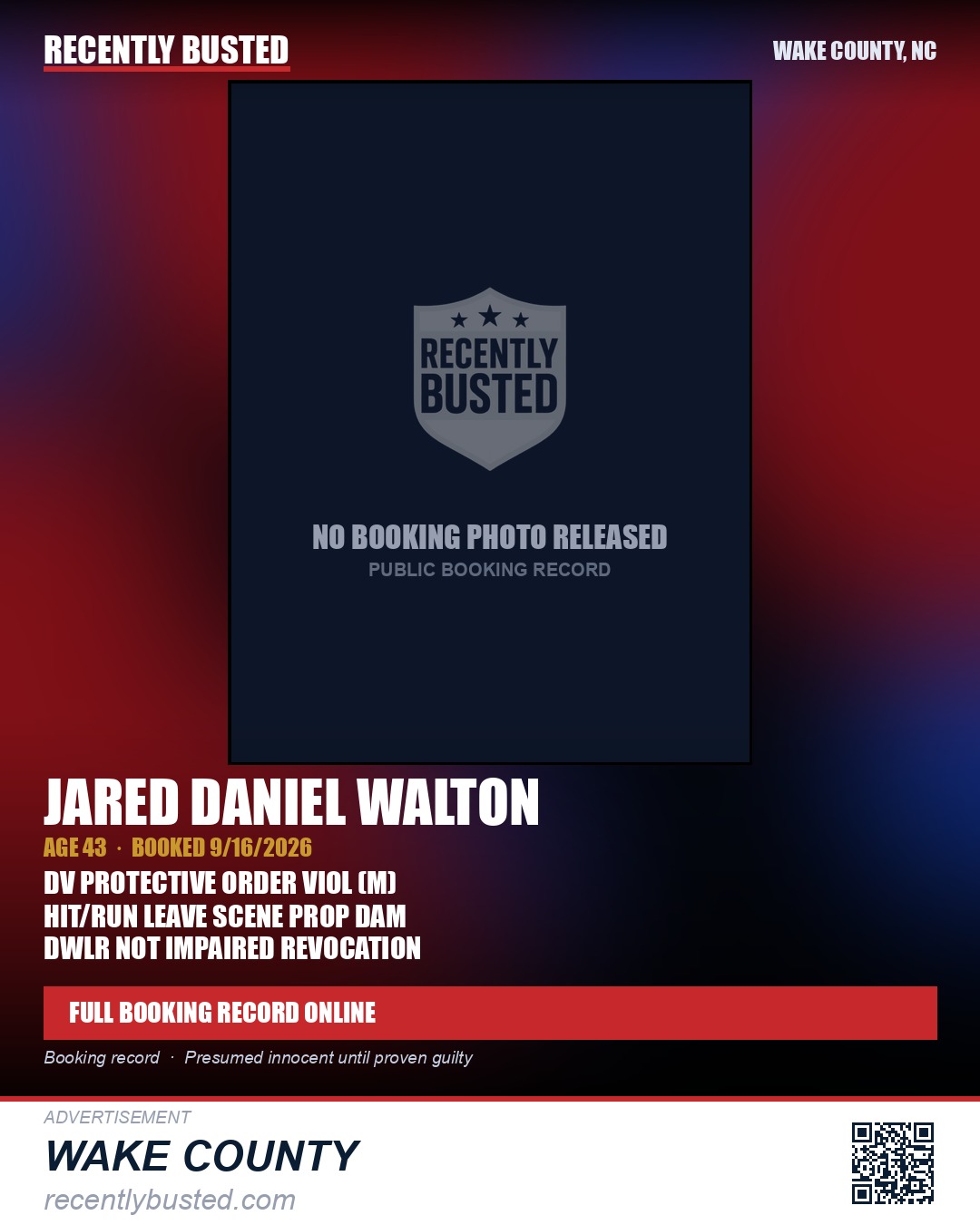 JARED DANIEL WALTON — arrest record card, Wake County, North Carolina