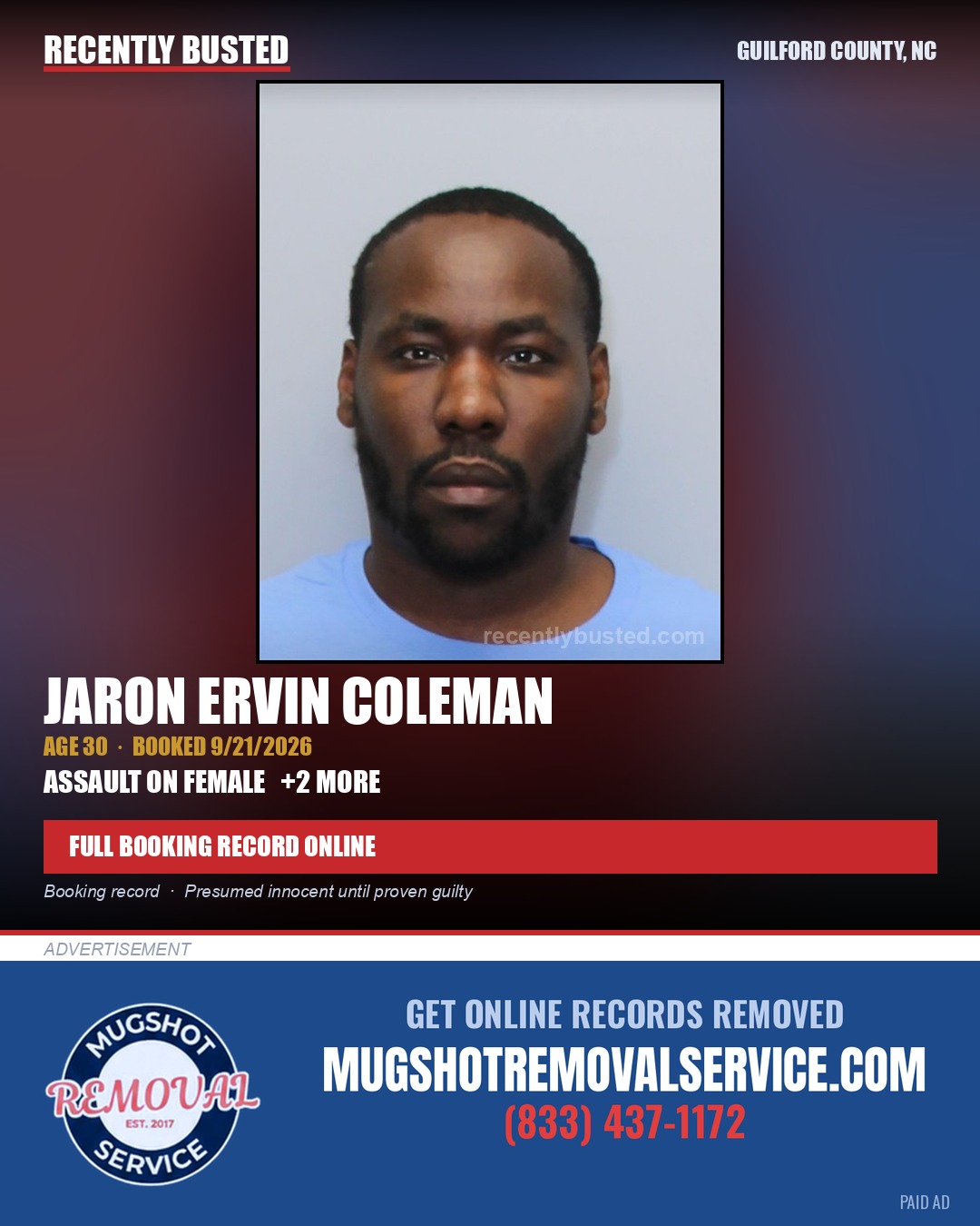 JARON ERVIN COLEMAN — arrest record card, Guilford County, North Carolina