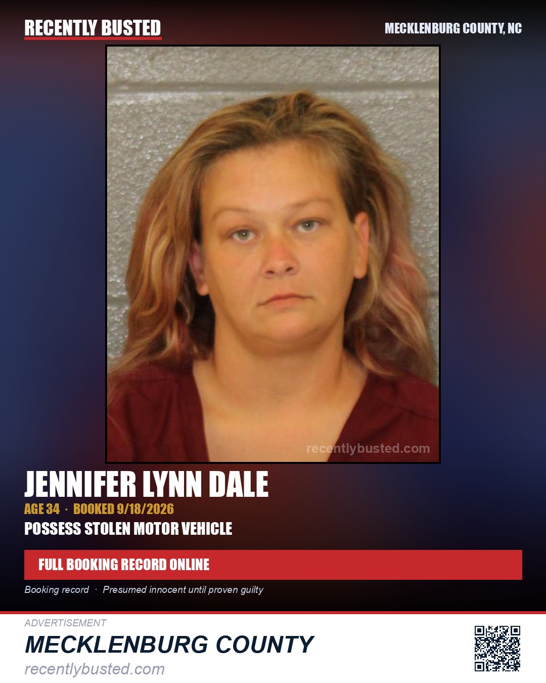 JENNIFER LYNN DALE — arrest record card, Mecklenburg County, North Carolina