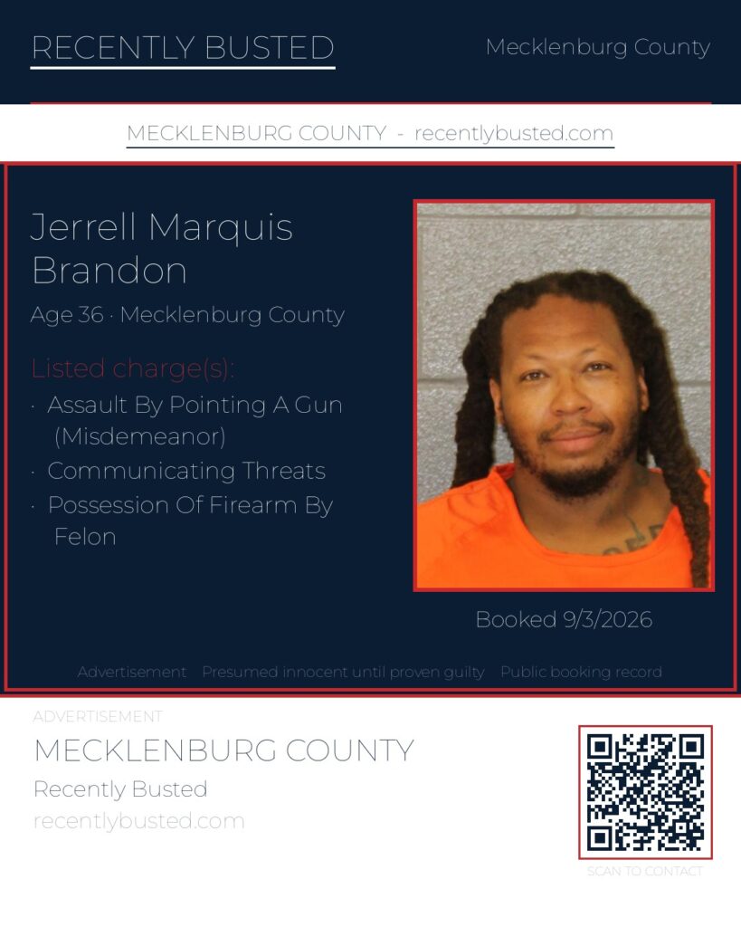 JERRELL MARQUIS BRANDON — arrest record card, Mecklenburg County, North Carolina