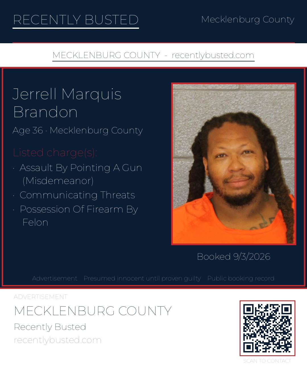 JERRELL MARQUIS BRANDON — arrest record card, Mecklenburg County, North Carolina