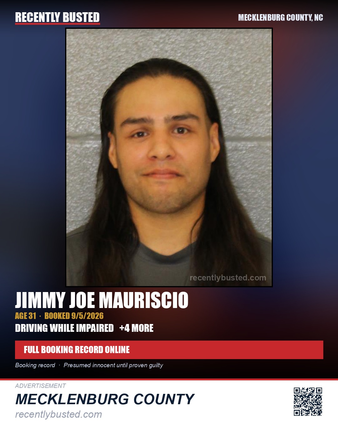 JIMMY JOE MAURISCIO — arrest record card, Mecklenburg County, North Carolina