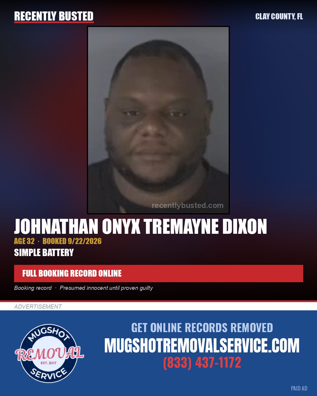 JOHNATHAN ONYX TREMAYNE DIXON — arrest record card, Clay County, Florida