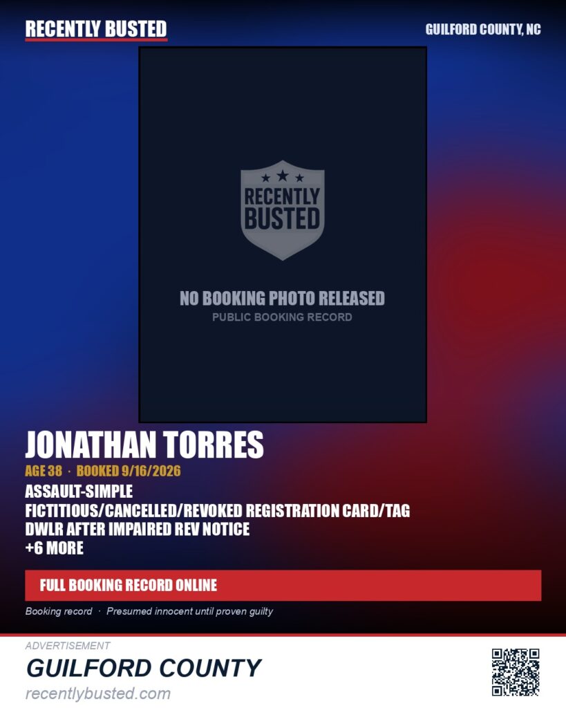 JONATHAN TORRES — arrest record card, Guilford County, North Carolina